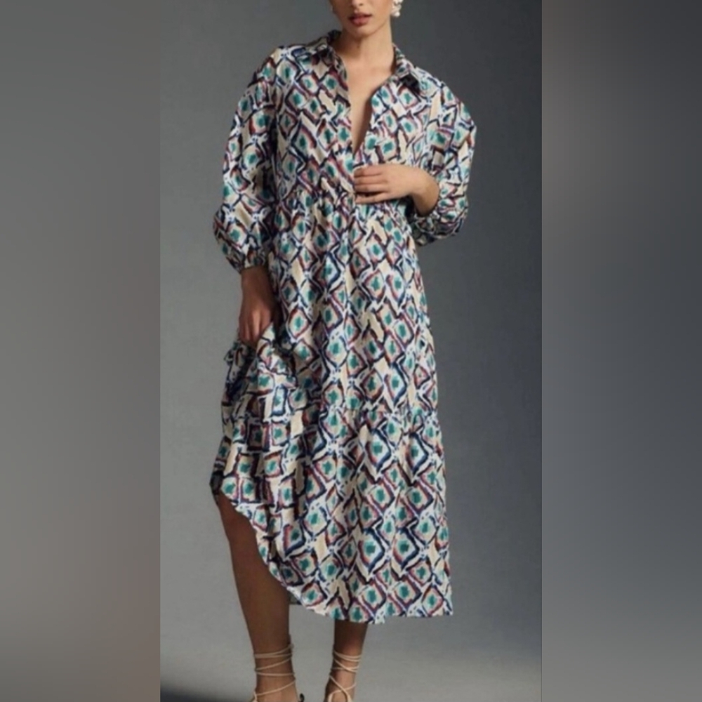 Anthropologie Printed Midi Shirt Dress in Teal, Blue, Purple